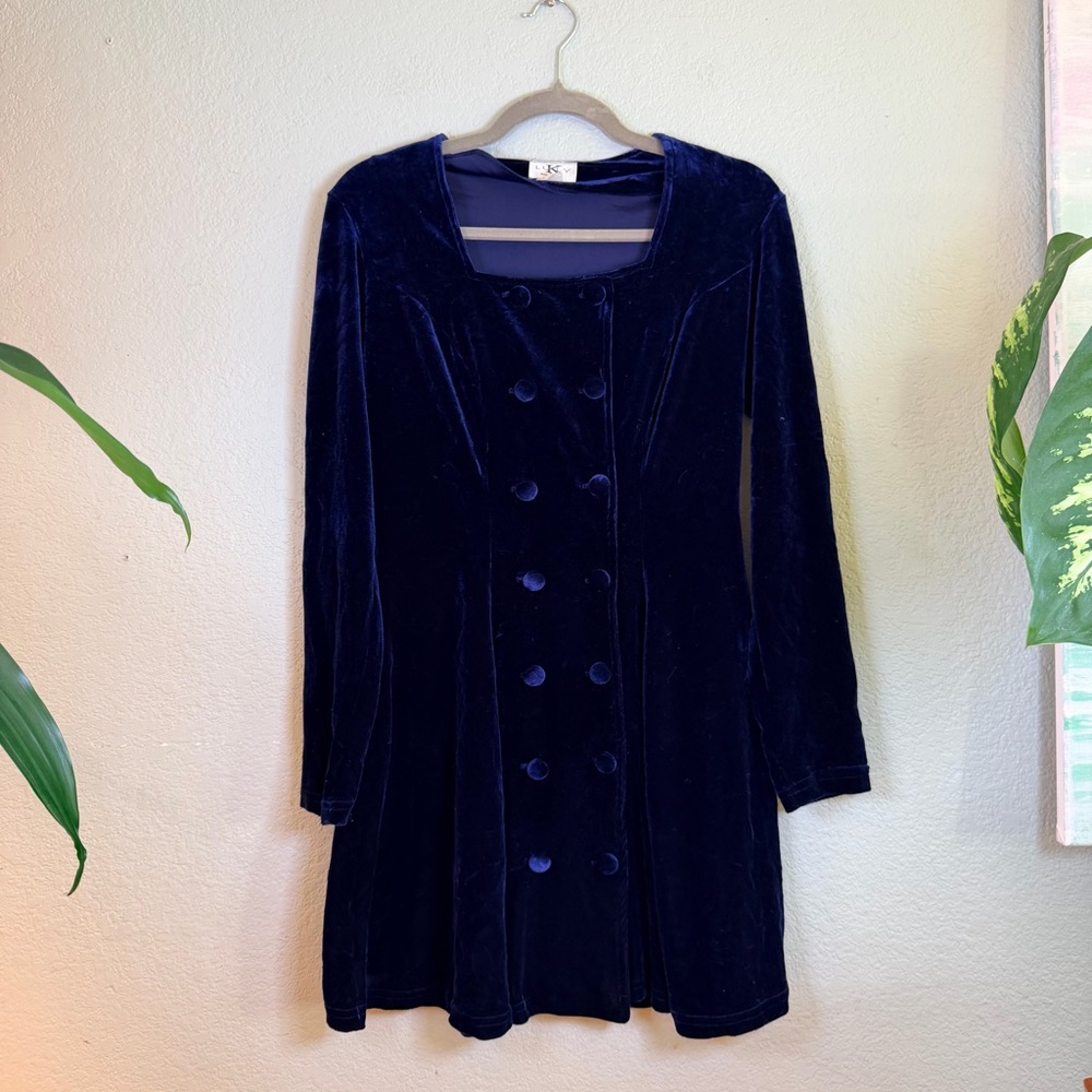 Luly K Velour Vintage 90s Stretch Sapphire Blue Double Breasted Romantic Dress L